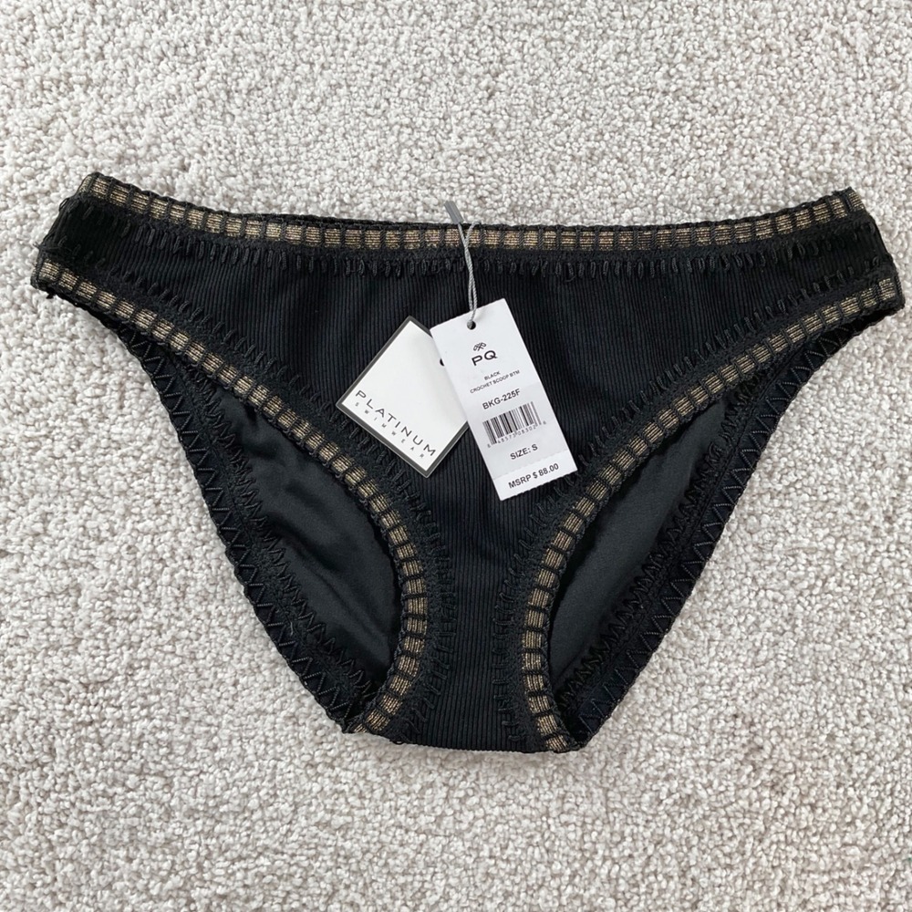 PQ Swim Platinum Black Gold Crochet Scoop Bikini Bottom Ribbed Women's Small NEW